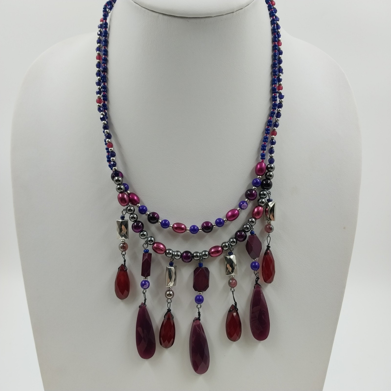 Catherines Red Quarts Dangles Navy Pink Silver Tone Beads Double Strand Necklace 27$